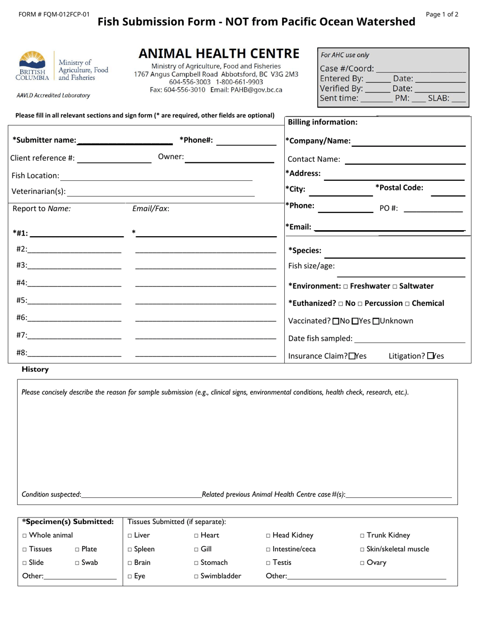 Form FQM-012FCP-01 Fish Submission Form - Not From Pacific Ocean Watershed - British Columbia, Canada, Page 1