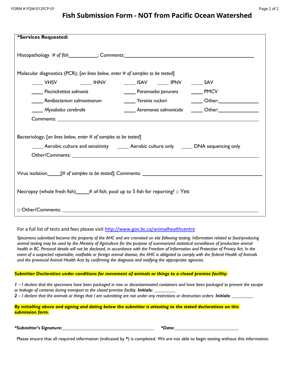 Form FQM-012FCP-01 Fish Submission Form - Not From Pacific Ocean Watershed - British Columbia, Canada, Page 2
