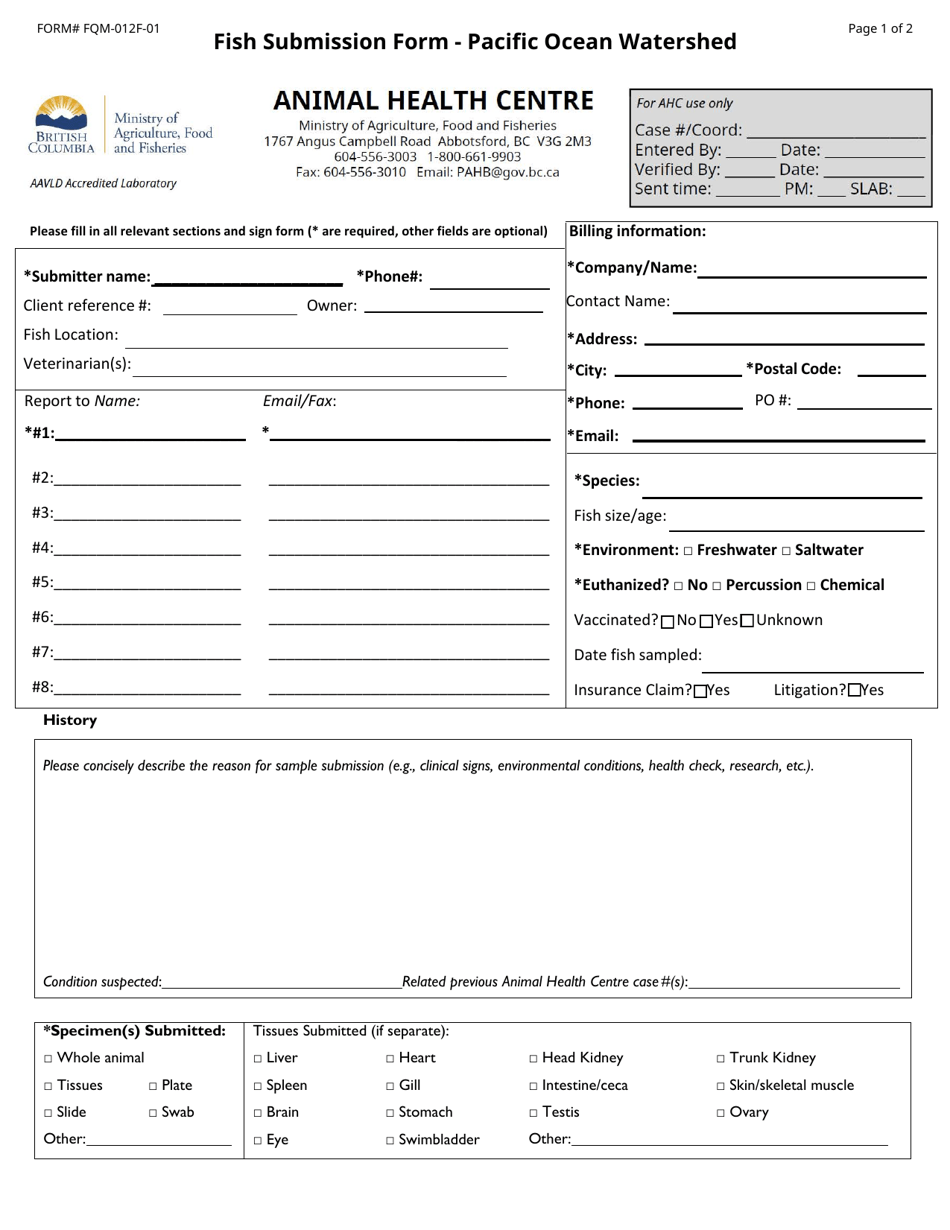 Form FQM-012F-01 Fish Submission Form - Pacific Ocean Watershed - British Columbia, Canada, Page 1