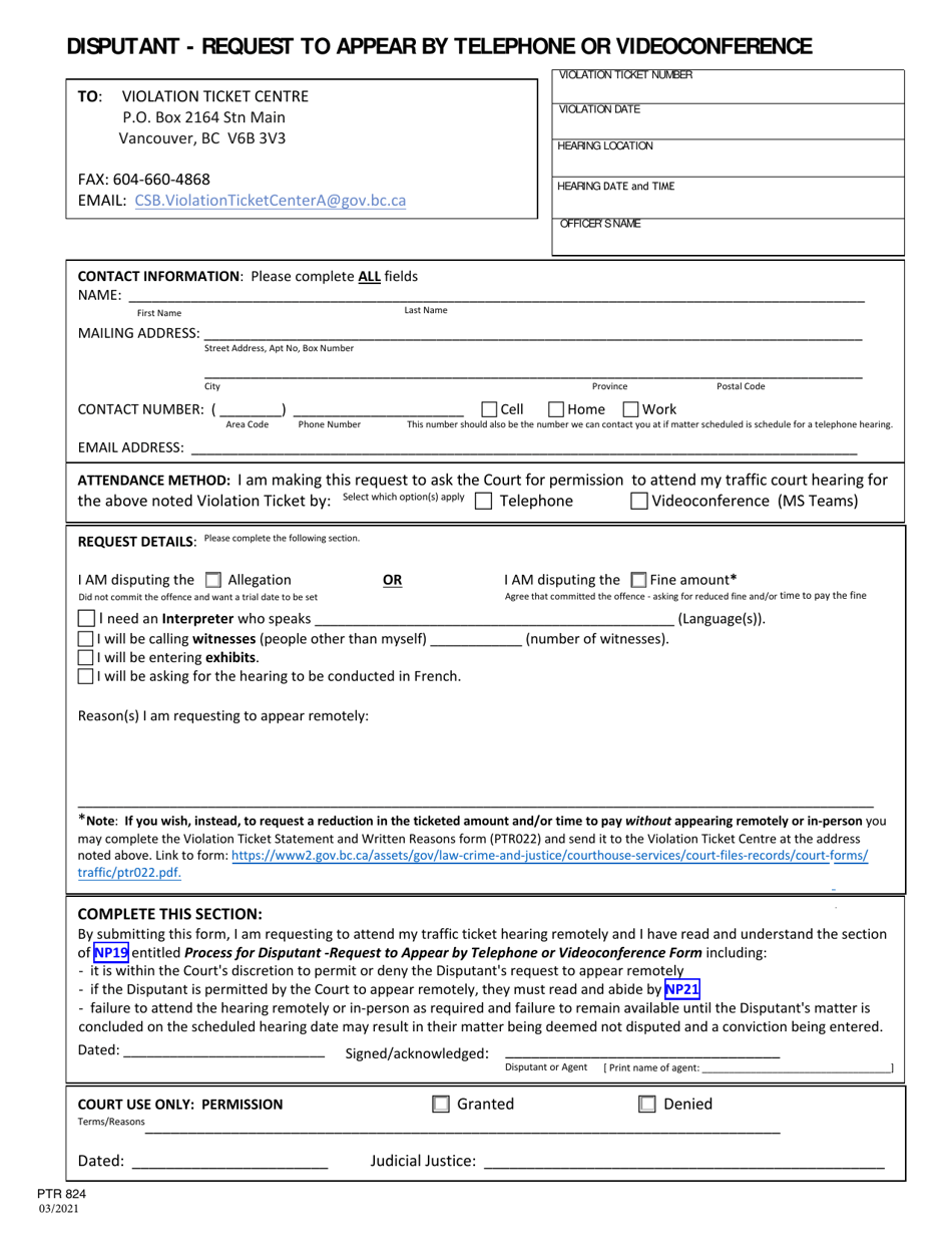 Form PTR824 Disputant - Request to Appear by Telephone or Videoconference - British Columbia, Canada, Page 1