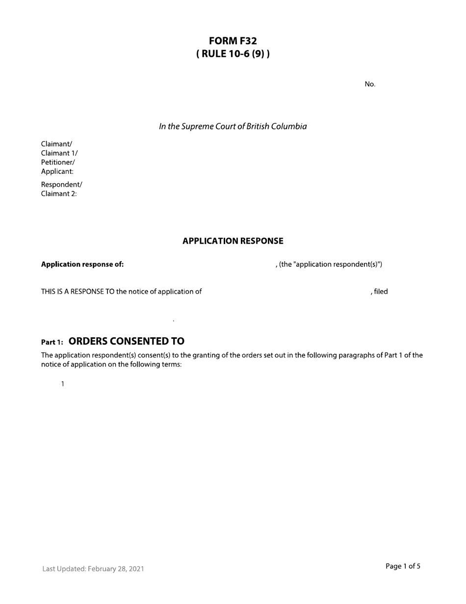 Form F32 Application Response - British Columbia, Canada, Page 1