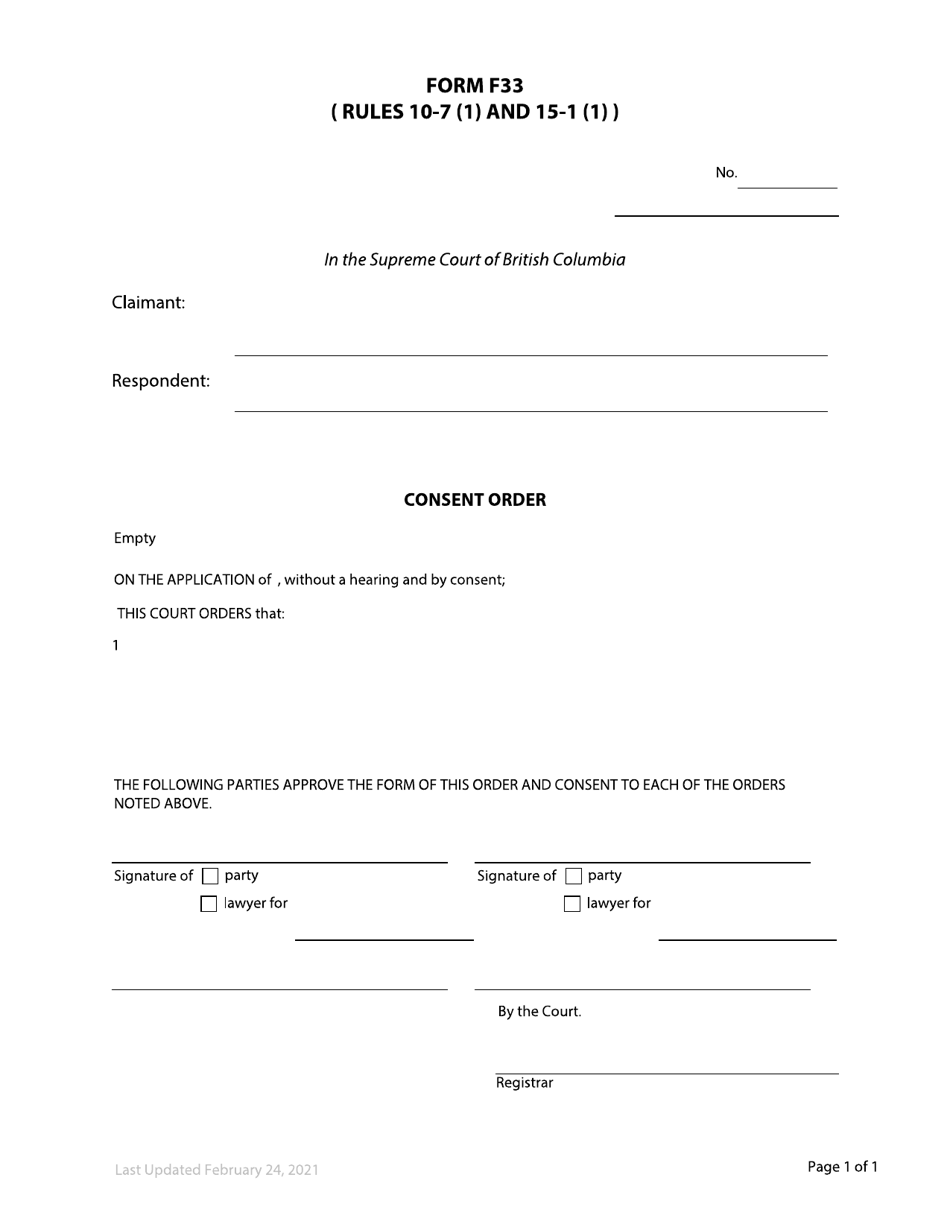 Form F33 Consent Order - British Columbia, Canada, Page 1