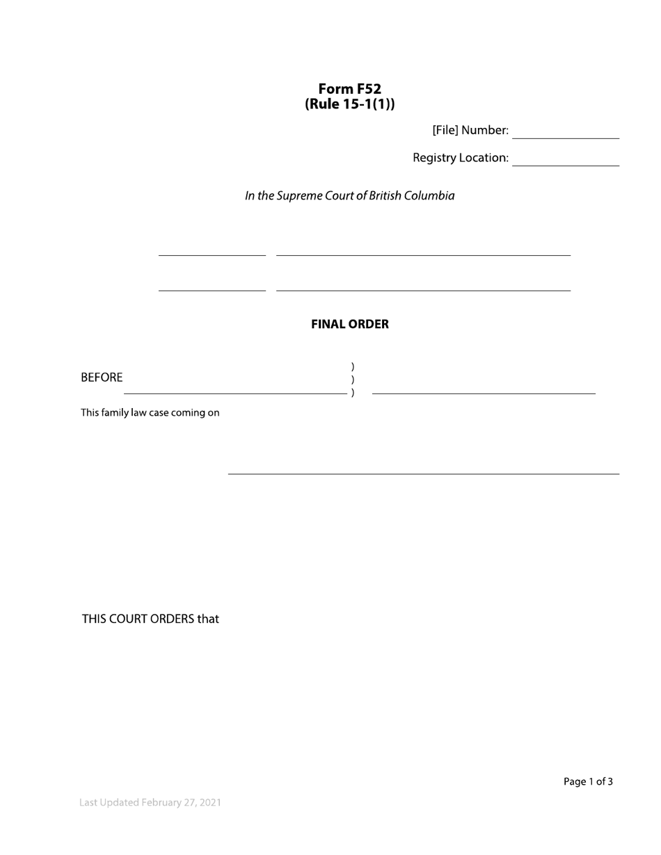 Form F52 Final Order - British Columbia, Canada, Page 1