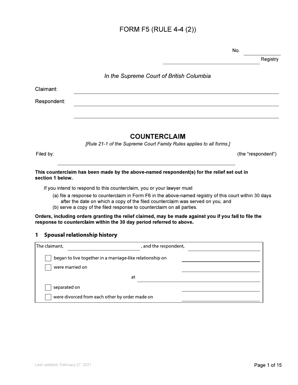 Form F5 Counterclaim - British Columbia, Canada, Page 1