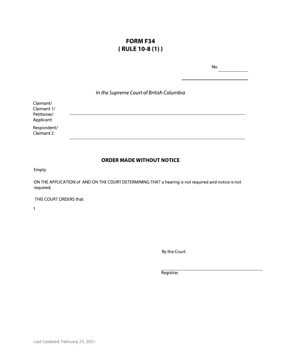 Form F34 Order Made Without Notice - British Columbia, Canada, Page 1