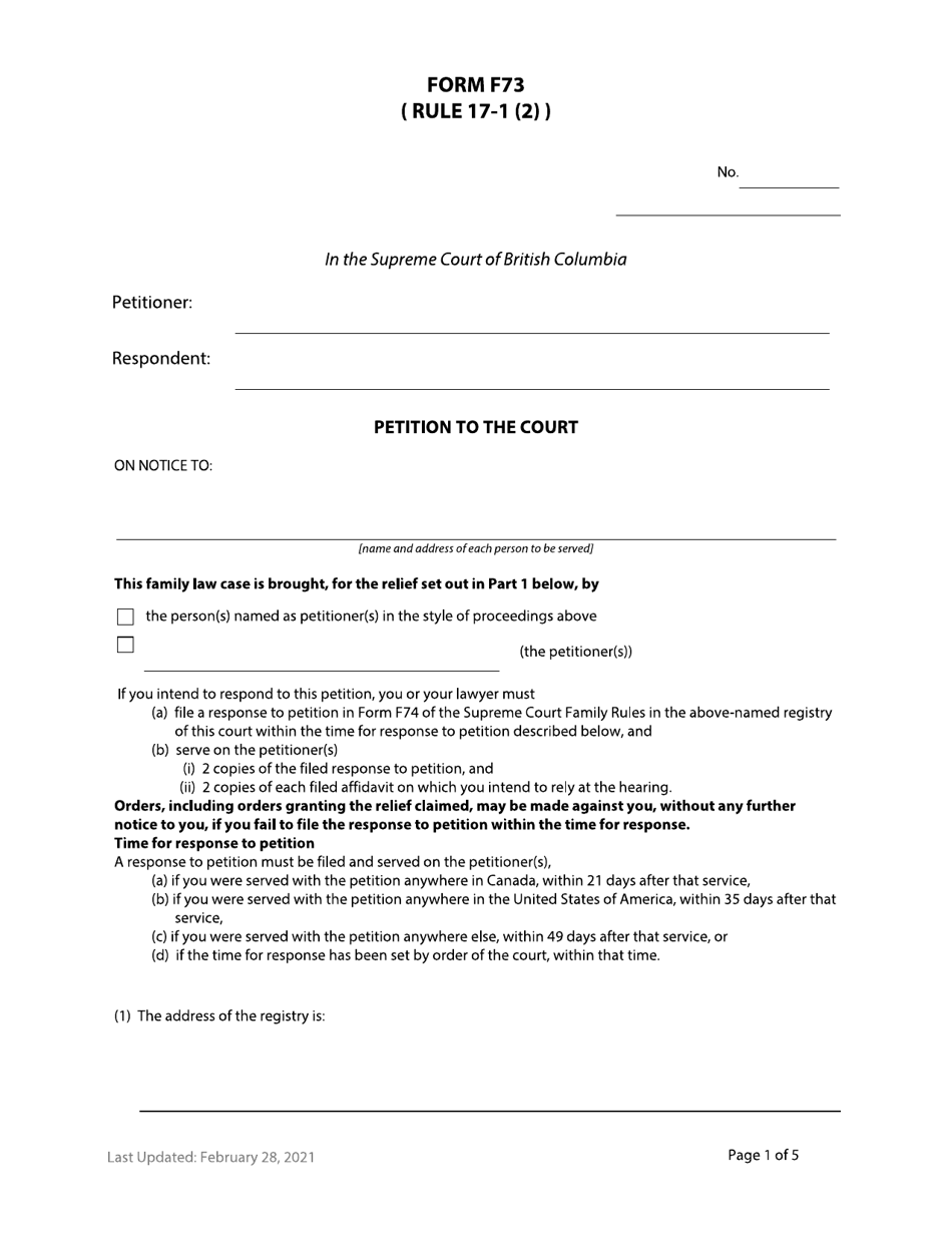 Form F73 Petition to the Court - British Columbia, Canada, Page 1