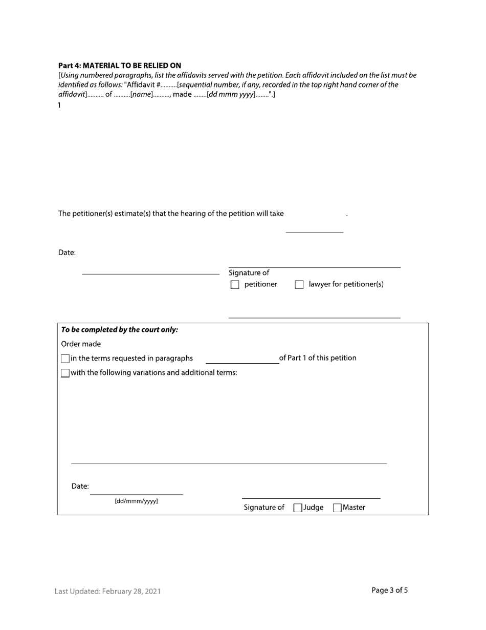 Form F73 Petition to the Court - British Columbia, Canada, Page 3