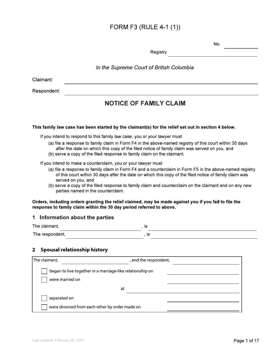 Form F3 Notice of Family Claim - British Columbia, Canada, Page 1