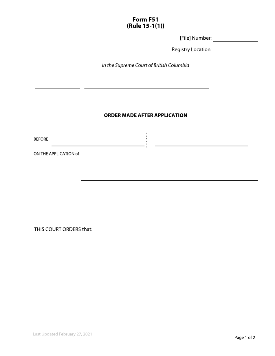 Form F51 Order Made After Application - British Columbia, Canada, Page 1