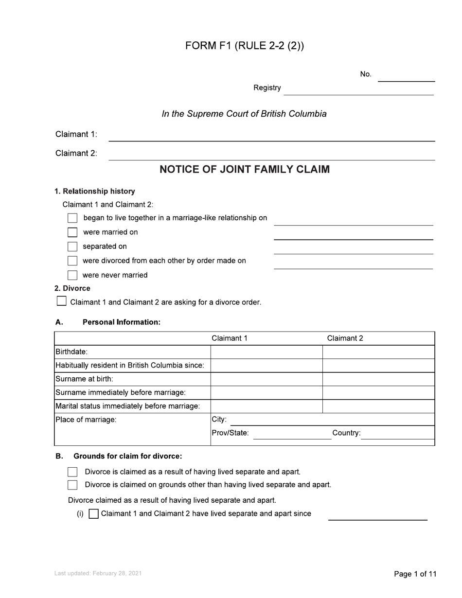 Form F1 Notice of Joint Family Claim - British Columbia, Canada, Page 1