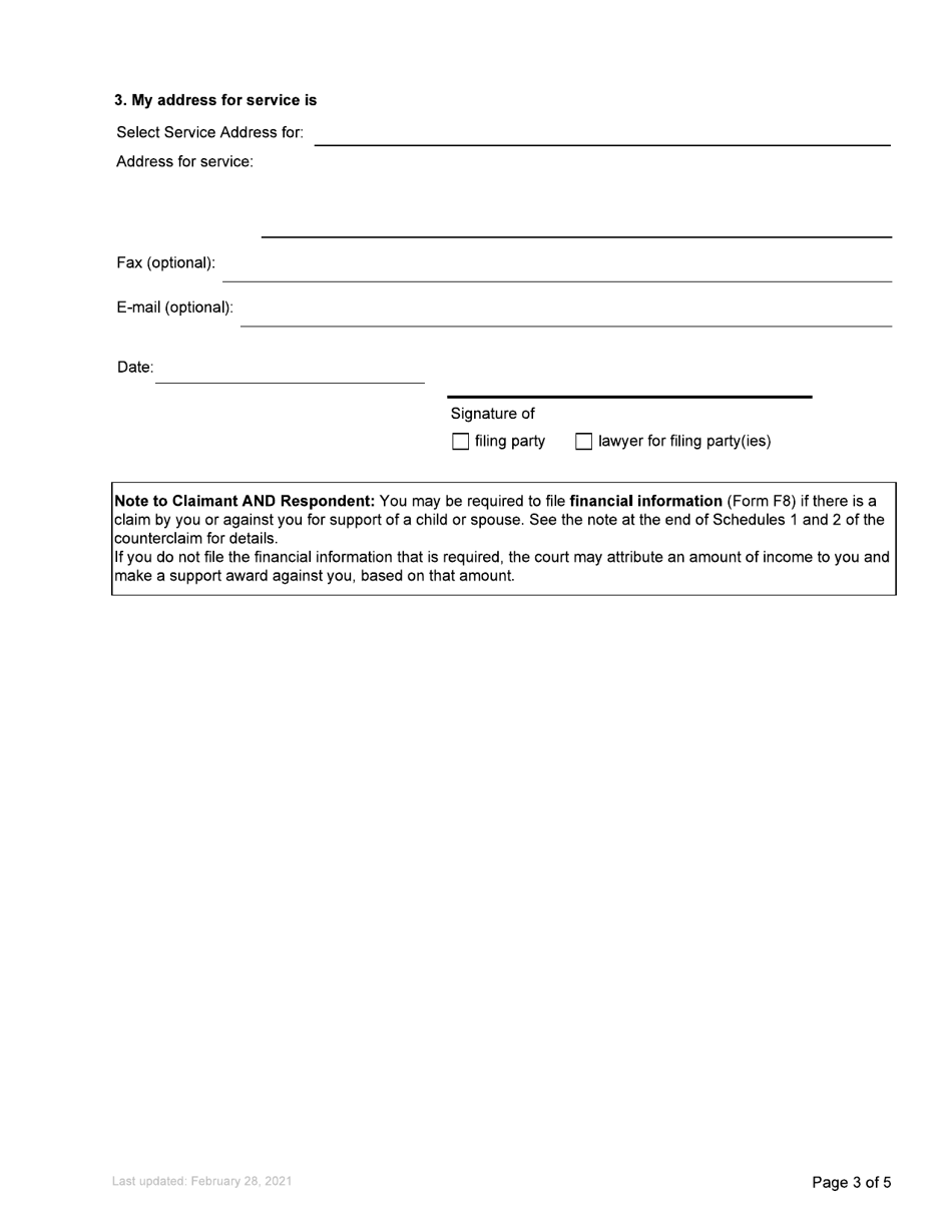 Form F6 Response to Counterclaim - British Columbia, Canada, Page 3
