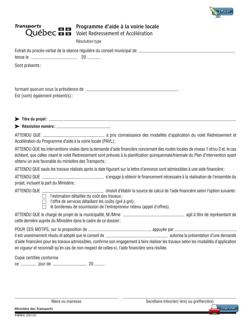 Forme V-3274-3 Resolution Type - Volets Redressement Et Acceleration - Depot Dune Demande - Quebec, Canada (French), Page 1