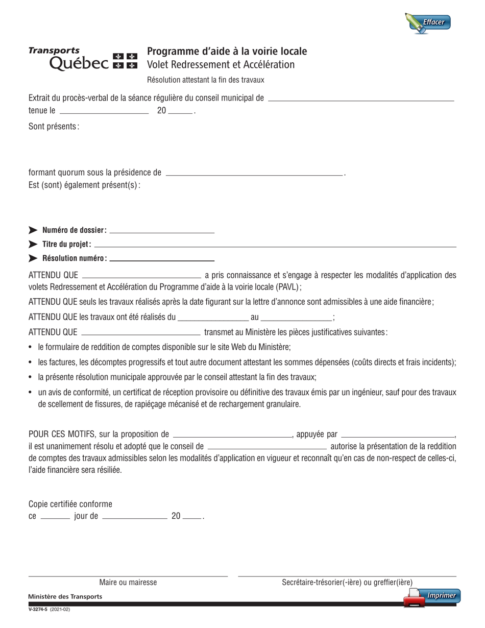 Forme V-3274-5 Resolution Attestant La Fin DES Travaux - Volets Redressement Et Acceleration - Quebec, Canada (French), Page 1