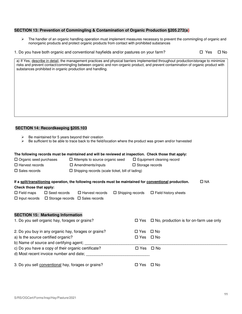 Organic System Plan (Osp) for Crop - Hay / Pasture Production - New Hampshire, Page 11