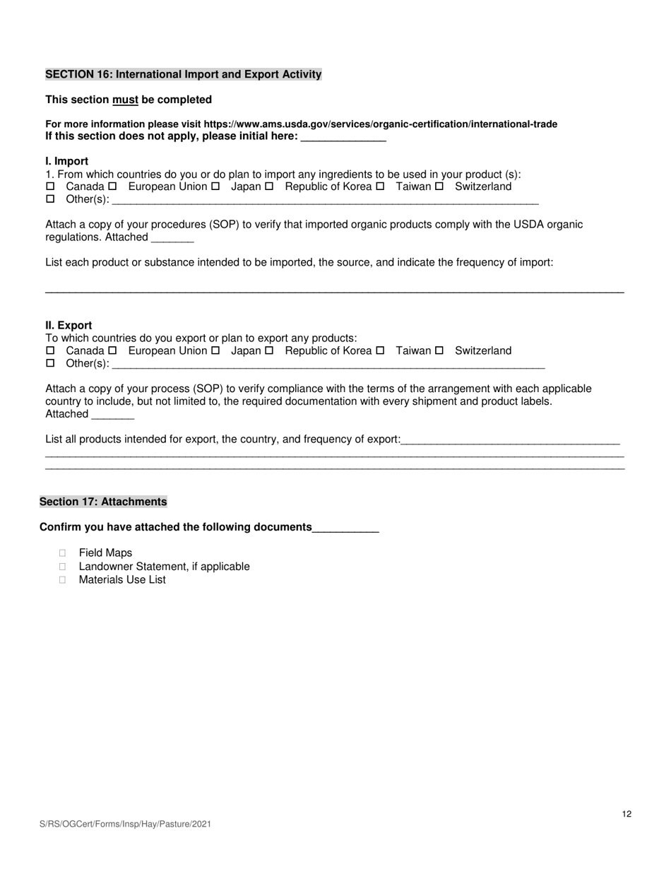 Organic System Plan (Osp) for Crop - Hay / Pasture Production - New Hampshire, Page 12