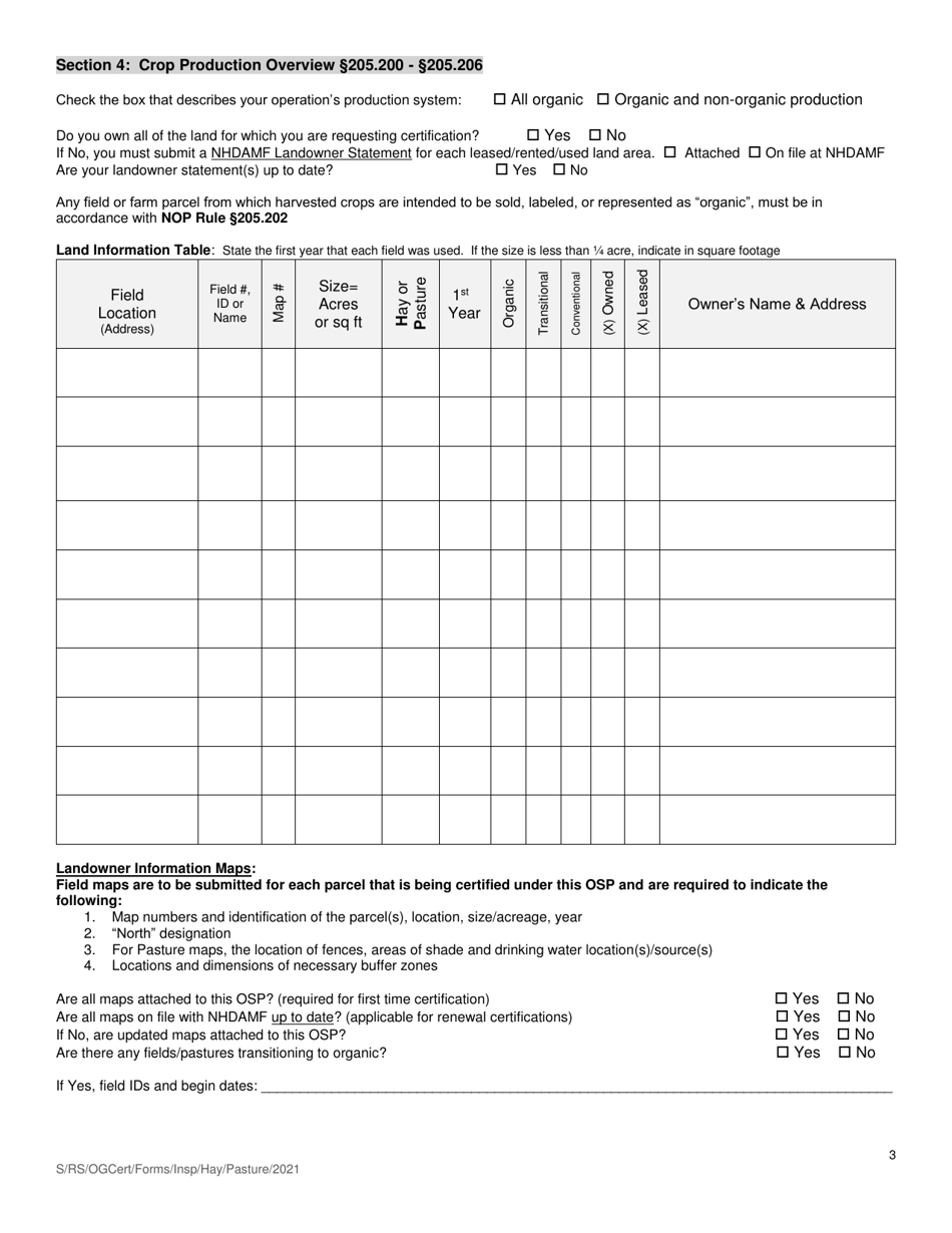 Organic System Plan (Osp) for Crop - Hay / Pasture Production - New Hampshire, Page 3