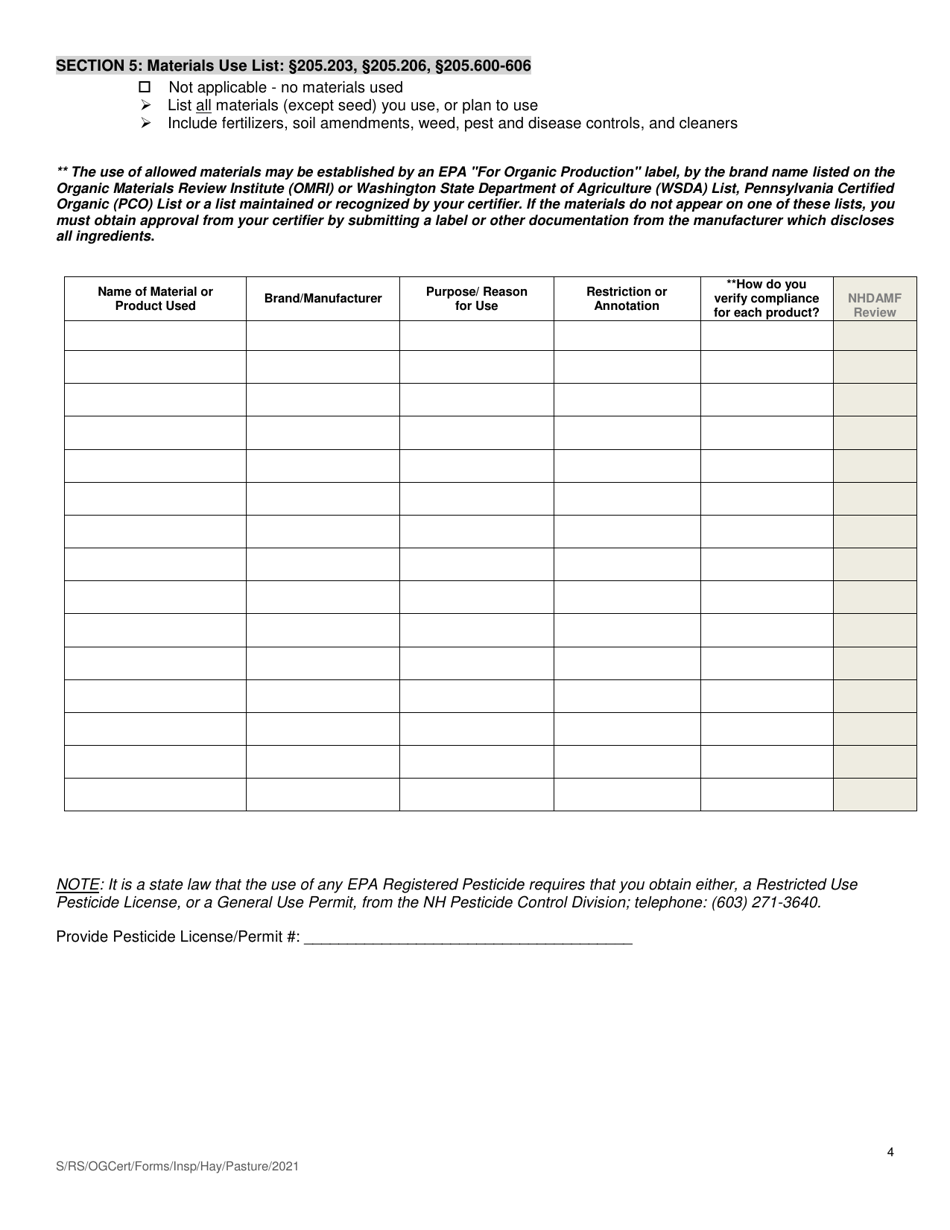 Organic System Plan (Osp) for Crop - Hay / Pasture Production - New Hampshire, Page 4