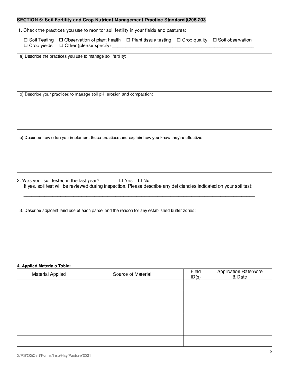 Organic System Plan (Osp) for Crop - Hay / Pasture Production - New Hampshire, Page 5