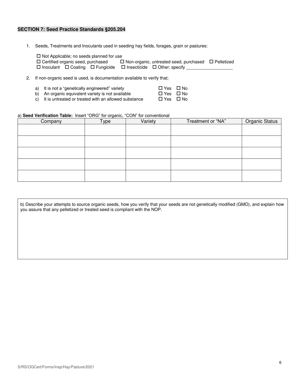Organic System Plan (Osp) for Crop - Hay / Pasture Production - New Hampshire, Page 6