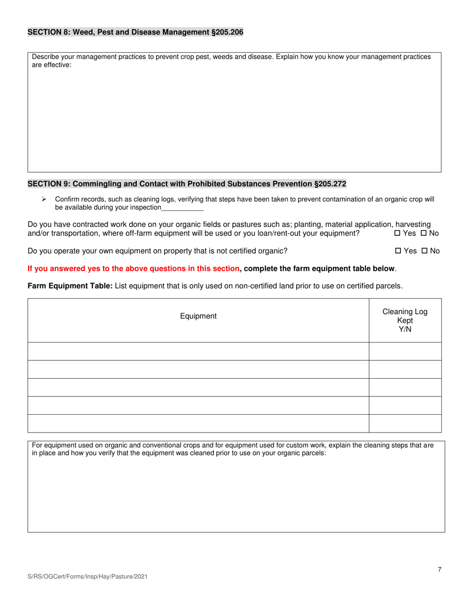 Organic System Plan (Osp) for Crop - Hay / Pasture Production - New Hampshire, Page 7