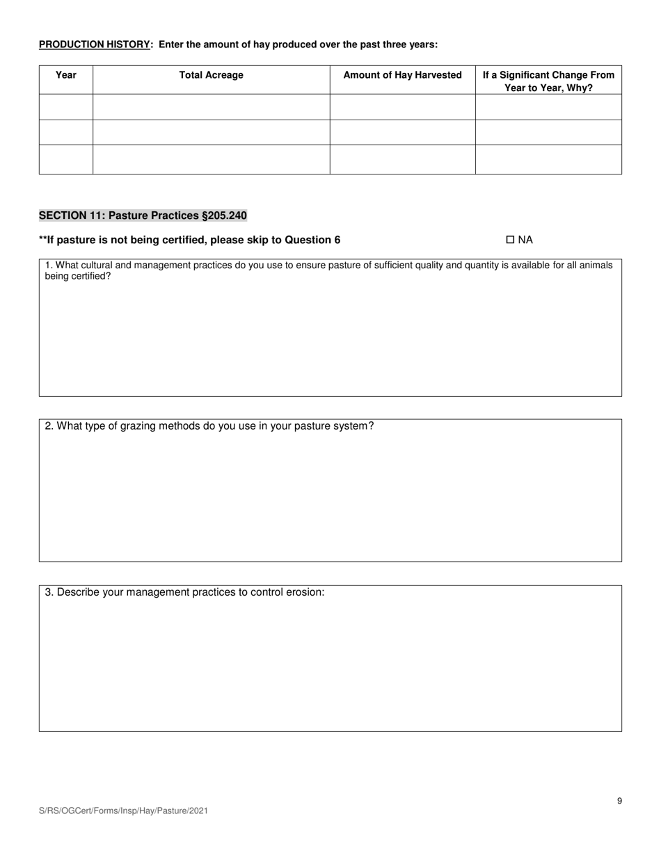 Organic System Plan (Osp) for Crop - Hay / Pasture Production - New Hampshire, Page 9