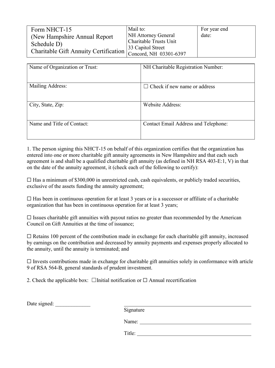 Form NHCT-15 Charitable Gift Annuity Certification - New Hampshire, Page 1