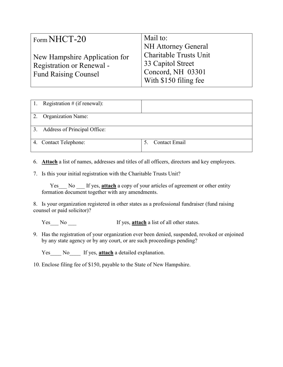 Form NHCT-20 New Hampshire Application for Registration or Renewal - Fund Raising Counsel - New Hampshire, Page 1