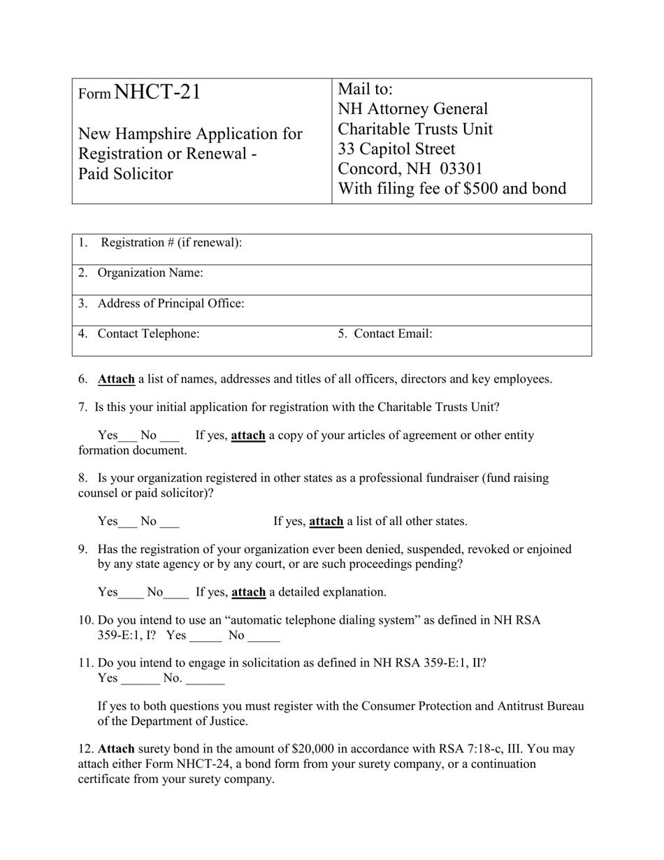 Form NHCT-21 New Hampshire Application for Registration or Renewal - Paid Solicitor - New Hampshire, Page 1