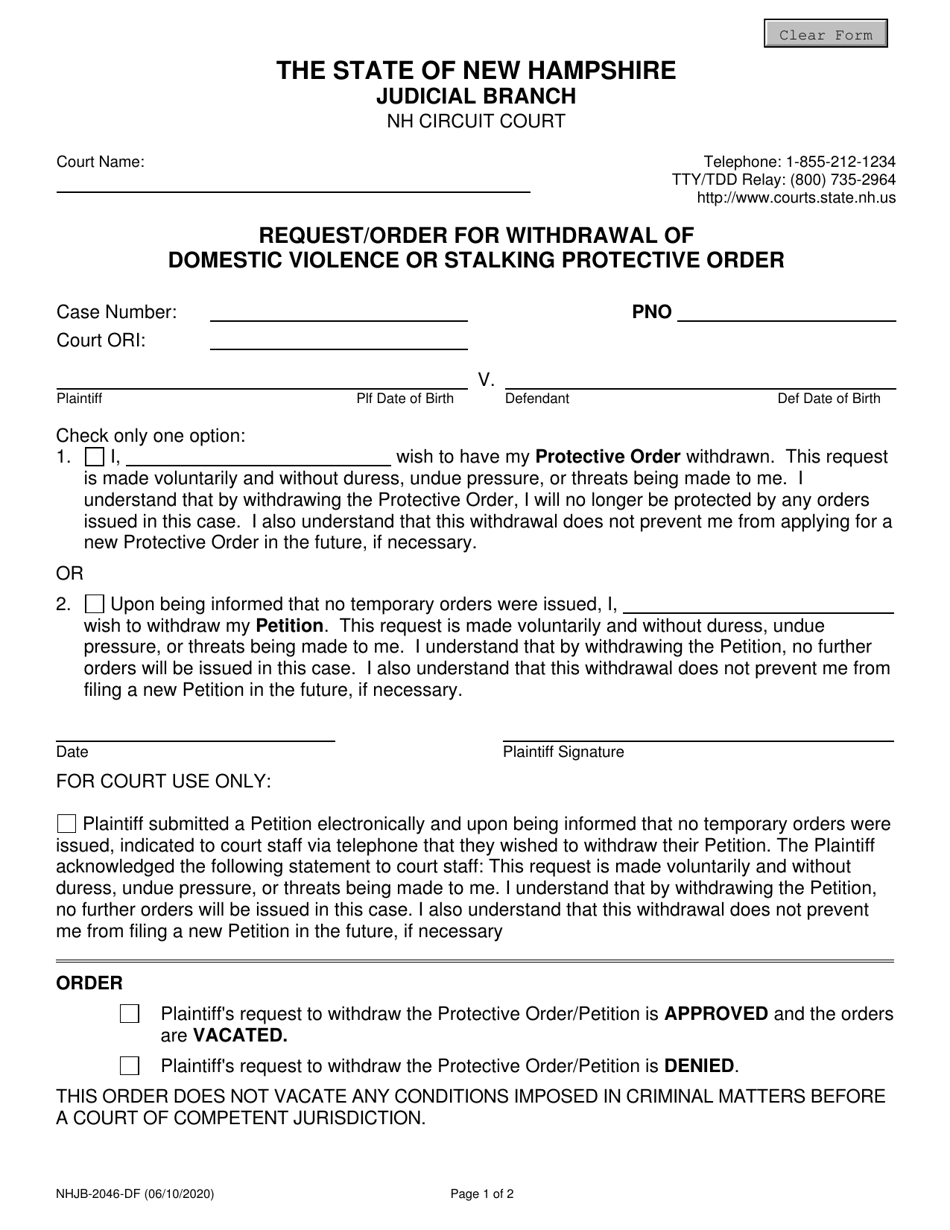 Form NHJB-2046-DF Request/Order for Withdrawal of Domestic Violence or Stalking Protective Order - New Hampshire, Page 1