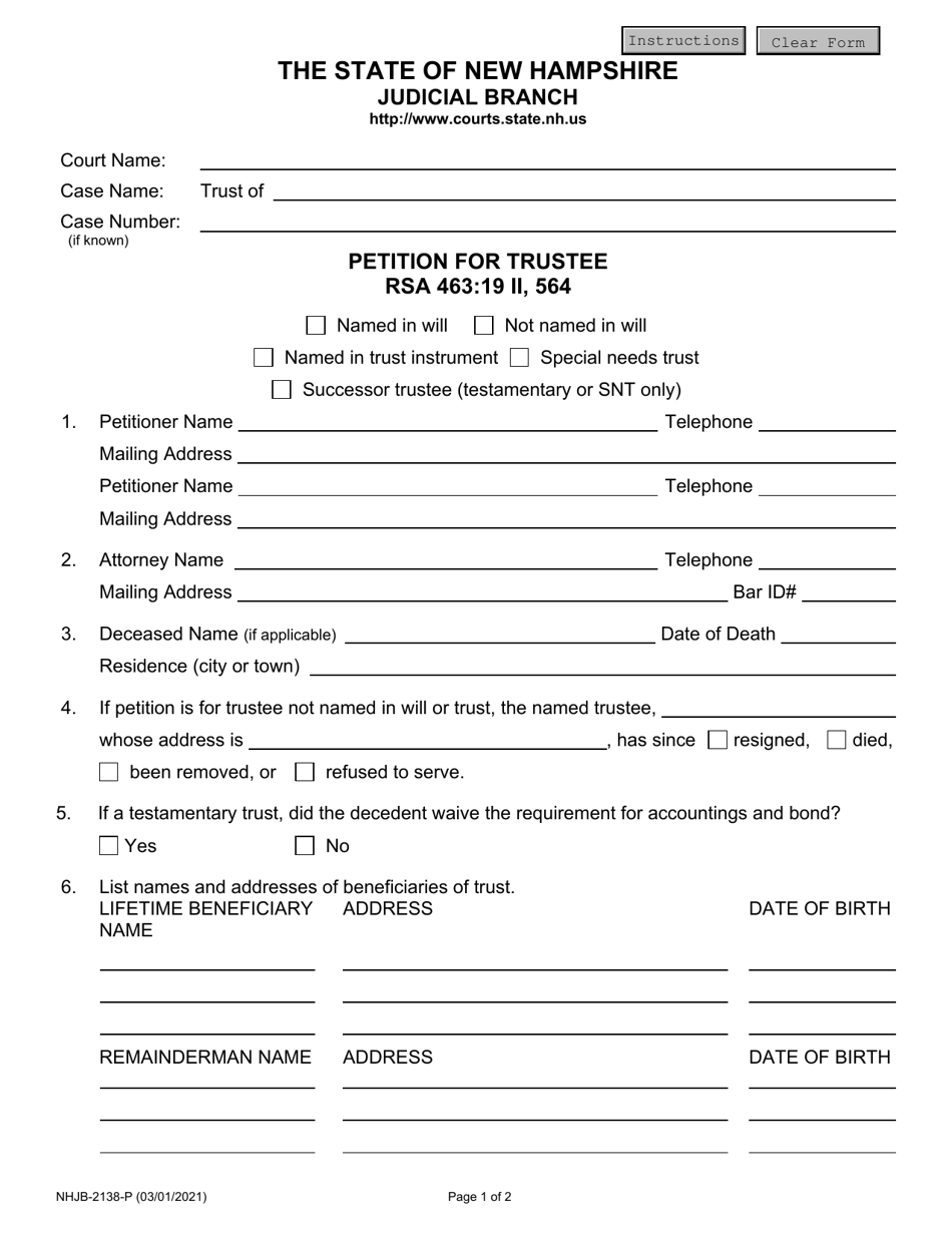 Form NHJB-2138-P Petition for Trustee - New Hampshire, Page 1