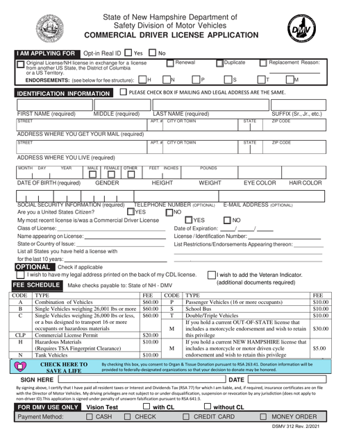 Form DSMV312 Commerical Driver License Application - New Hampshire