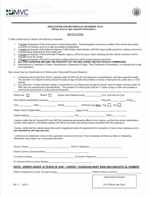 Form BA-2 Application for Motorcycle or Moped Title - New Jersey