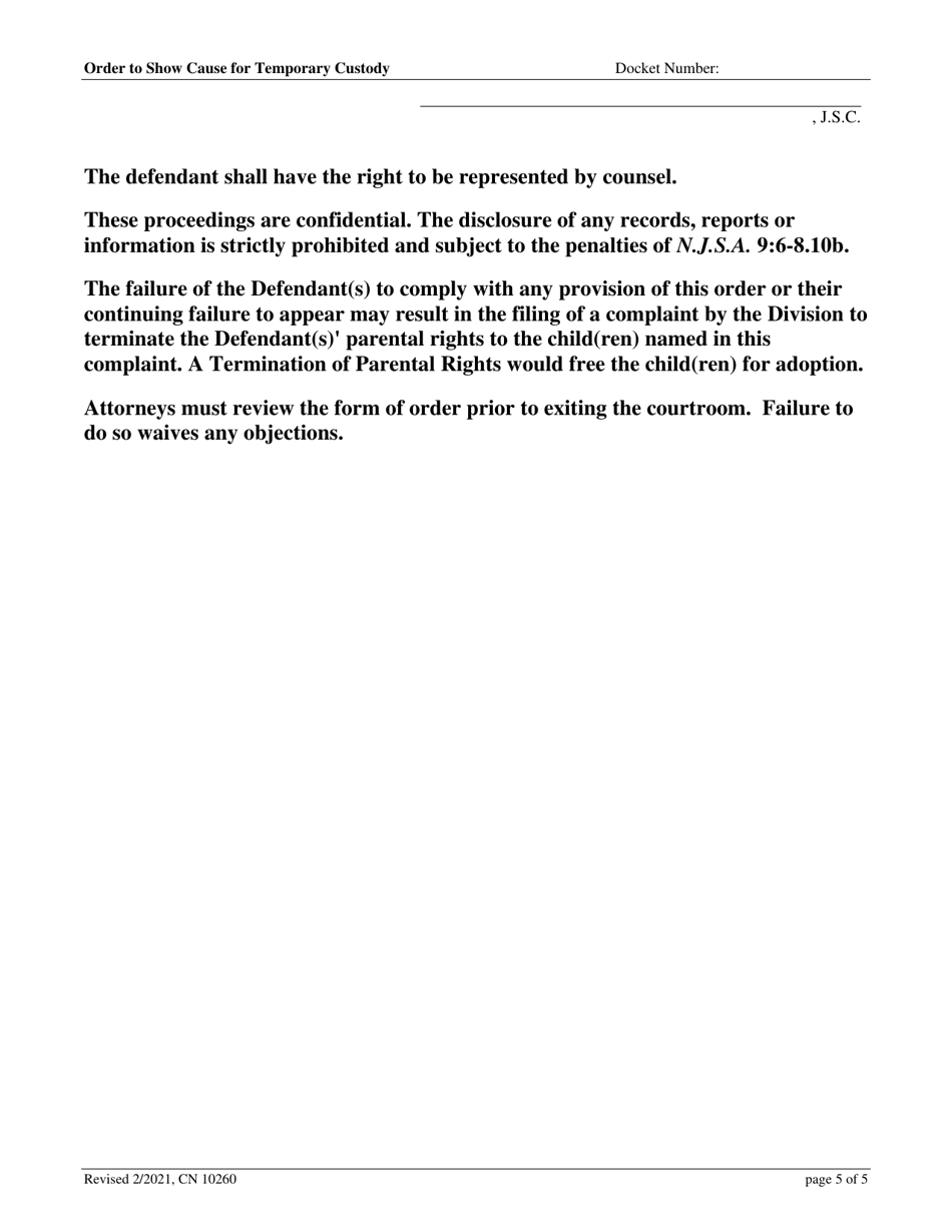 Form 10260 Order to Show Cause for Temporary Custody - New Jersey, Page 5