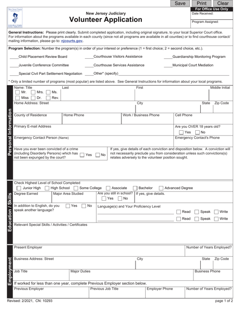Form 10293 Volunteer Application - New Jersey