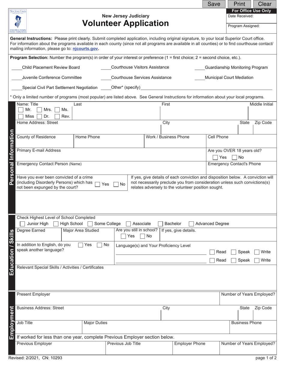 Form 10293 Volunteer Application - New Jersey, Page 1