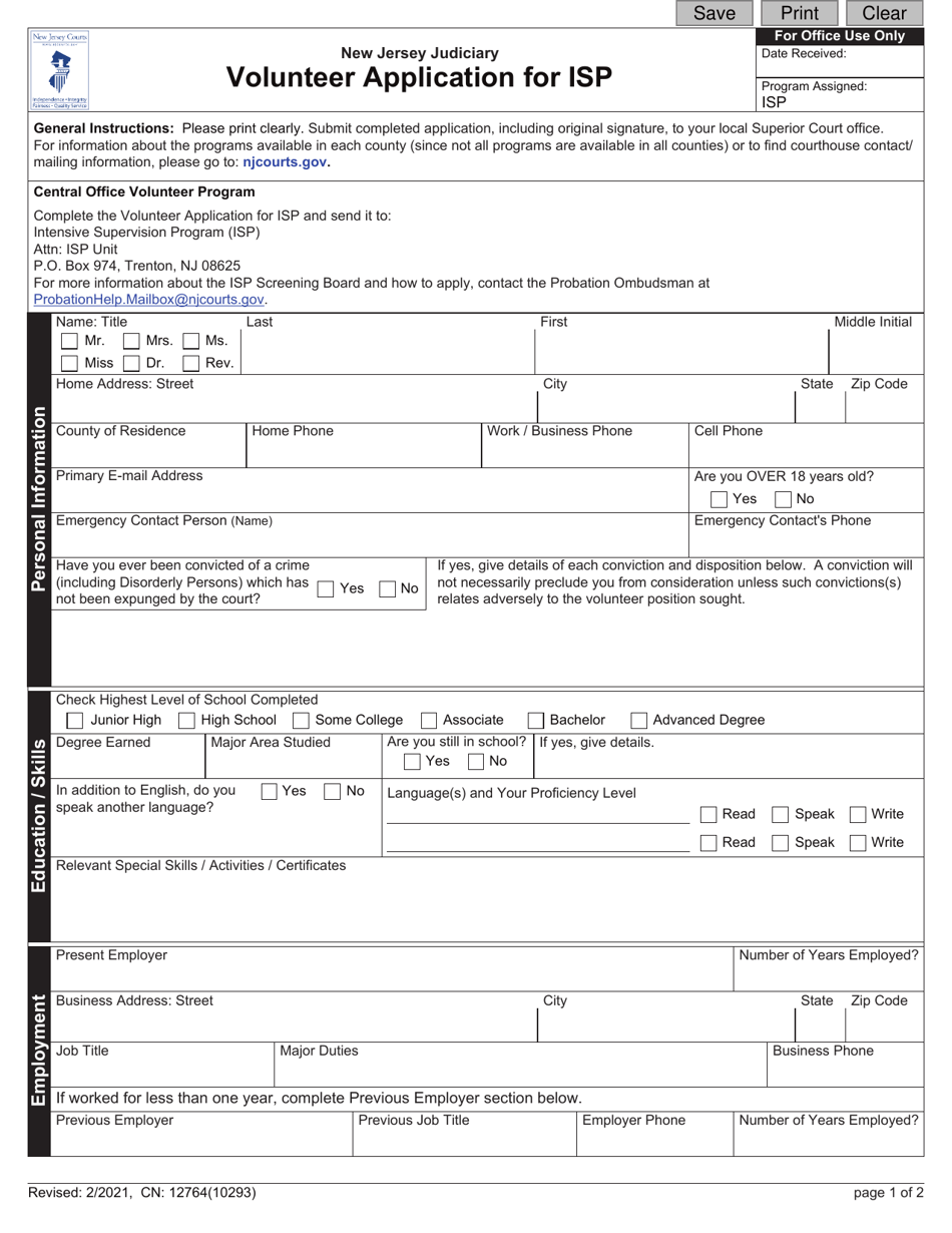 Form 12764 Volunteer Application for Isp - New Jersey, Page 1