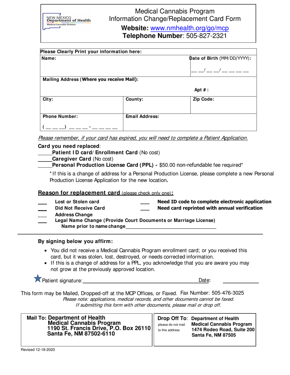 Medical Cannabis Program Information Change / Replacement Card Form - New Mexico, Page 1