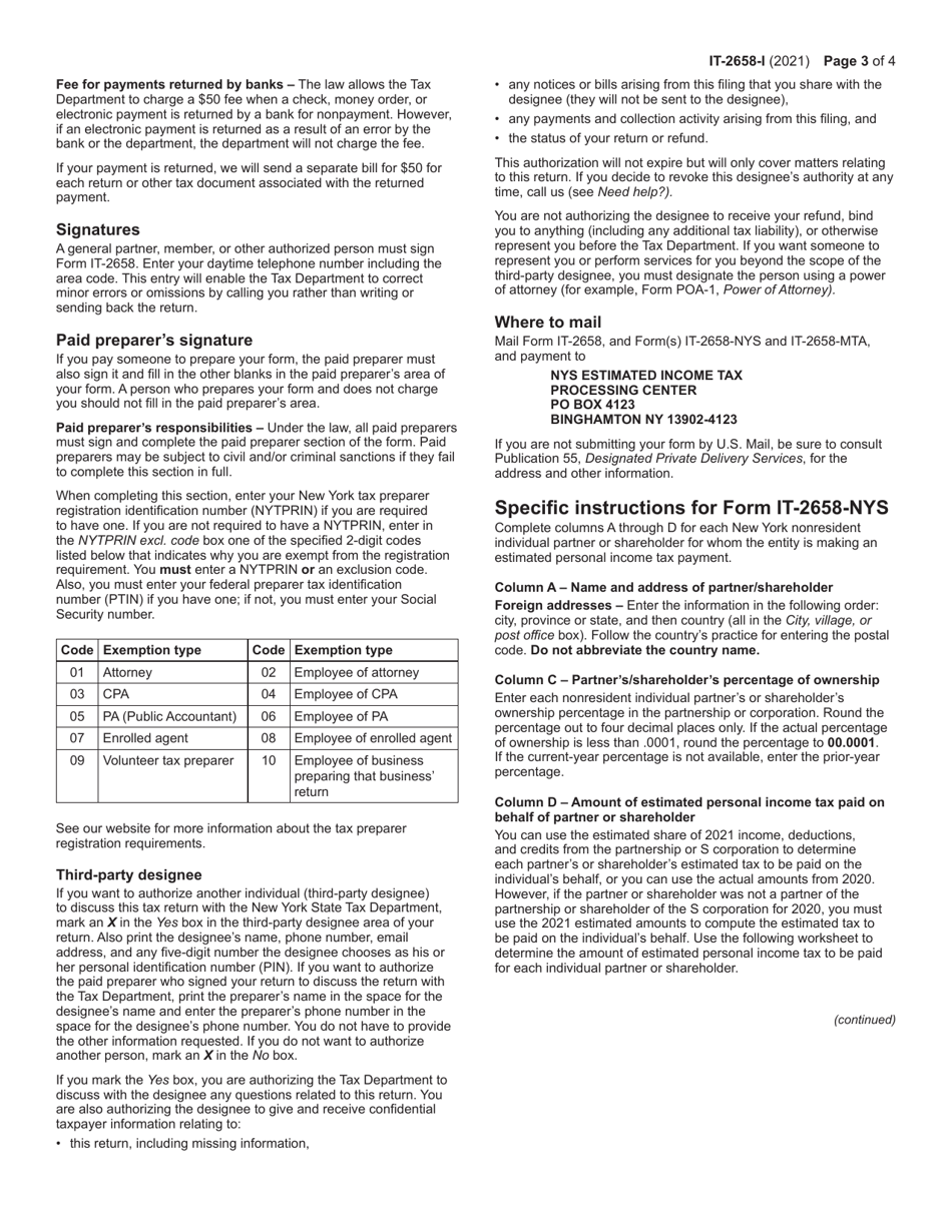 Instructions for Form IT-2658 Report of Estimated Tax for Nonresident Individual Partners and Shareholders for Payments on Behalf of Nonresident Individuals Only of Personal Income Tax and Metropolitan Commuter Transportation Mobility Tax (Mctmt) - New York, Page 3