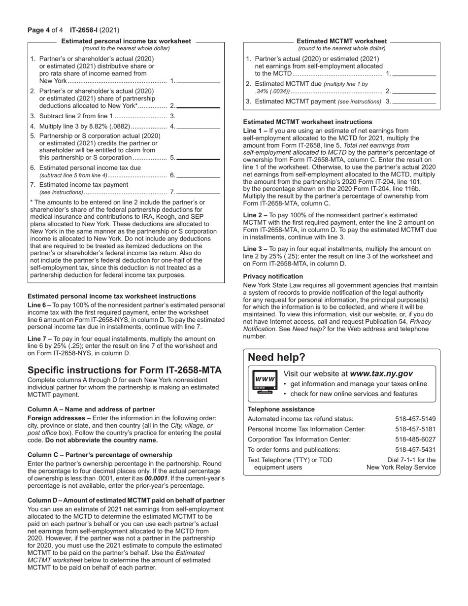 Instructions for Form IT-2658 Report of Estimated Tax for Nonresident Individual Partners and Shareholders for Payments on Behalf of Nonresident Individuals Only of Personal Income Tax and Metropolitan Commuter Transportation Mobility Tax (Mctmt) - New York, Page 4