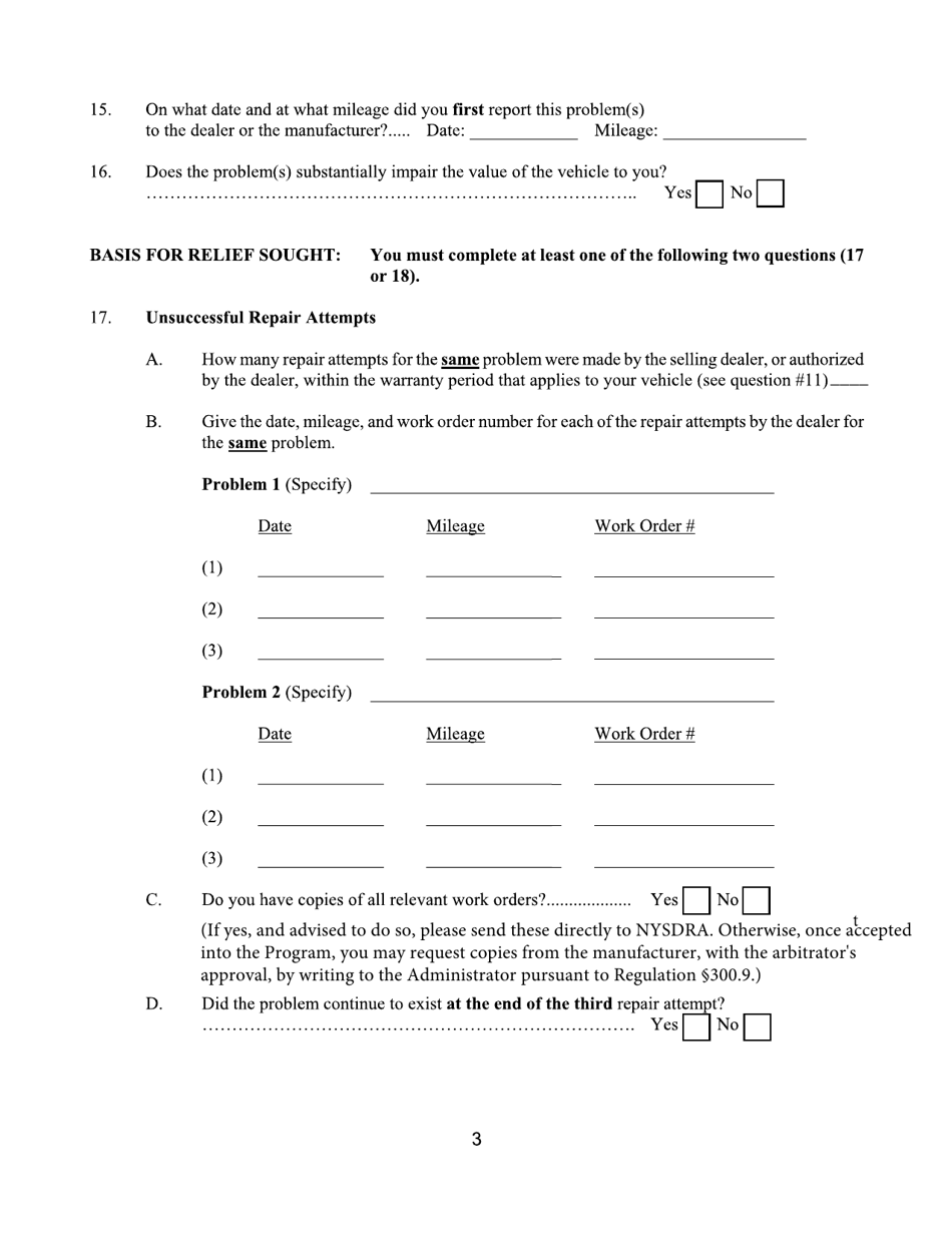 Form CFB008 New York Used Car Lemon Law Arbitration Program Request for Arbitration Form - New York, Page 4