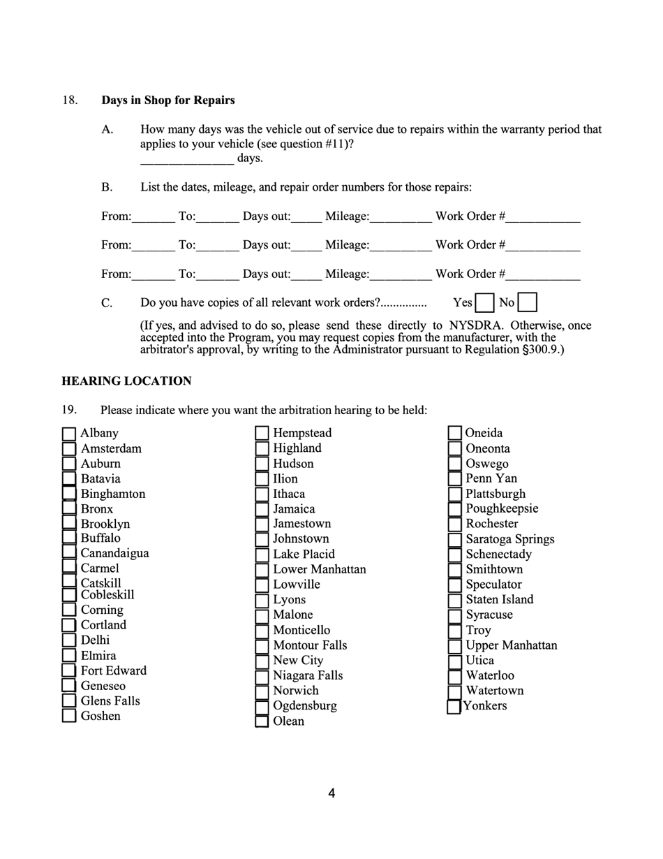 Form CFB008 New York Used Car Lemon Law Arbitration Program Request for Arbitration Form - New York, Page 5