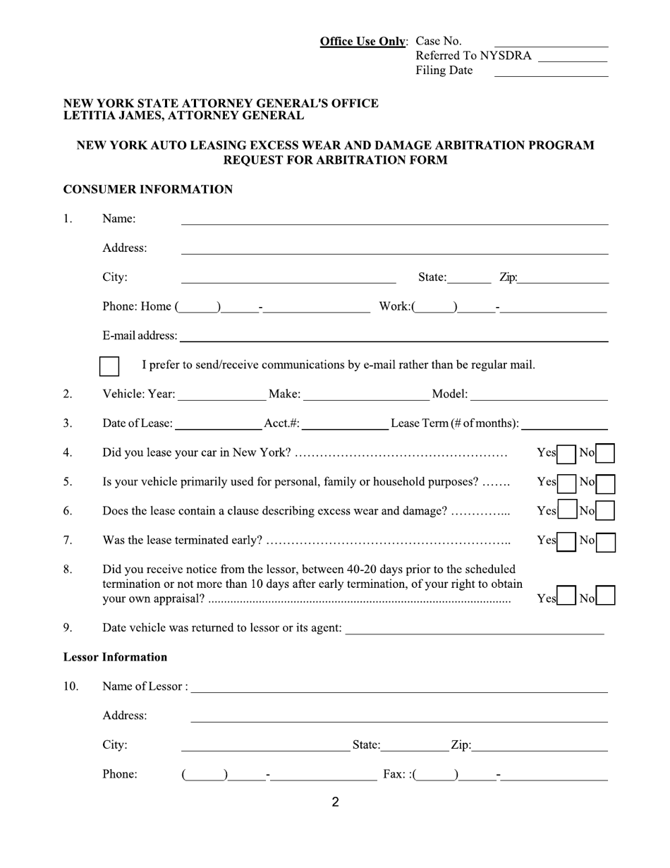 Form CFB006 The Excess Wear  Damage Lemon Law Request for Arbitration Form - New York, Page 2