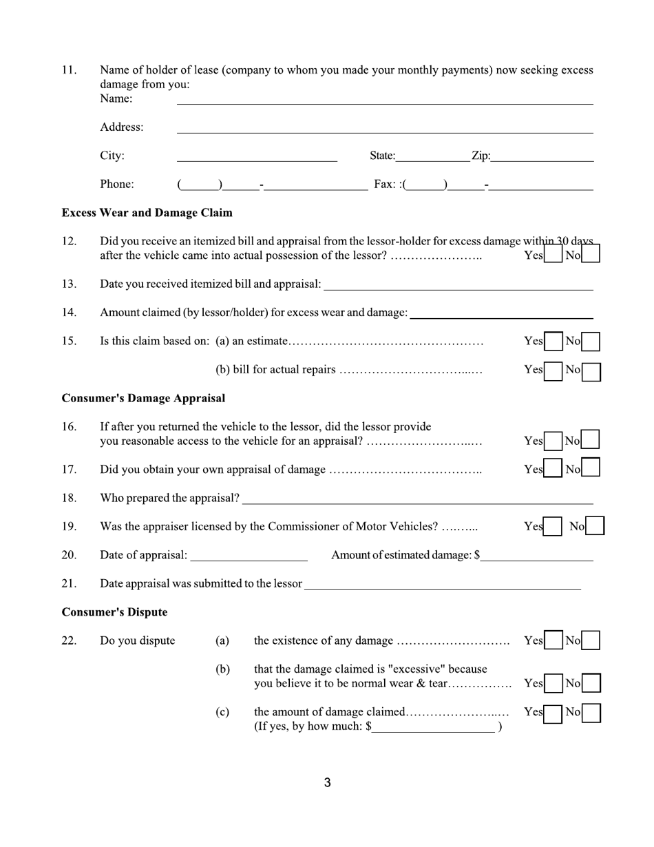 Form CFB006 The Excess Wear  Damage Lemon Law Request for Arbitration Form - New York, Page 3