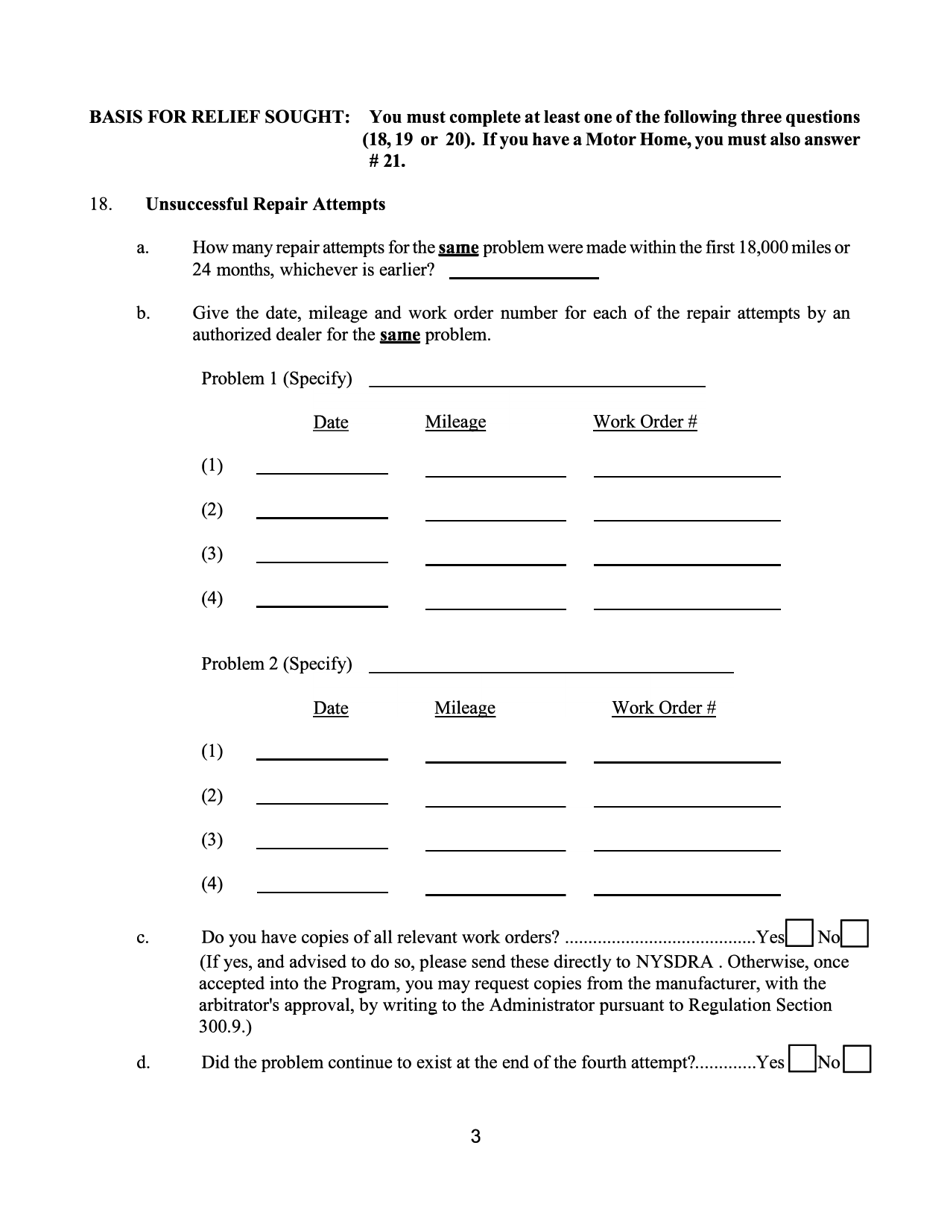 Form CFB007 New York New Car Lemon Law Arbitration Program Request for Arbitration Form - New York, Page 4