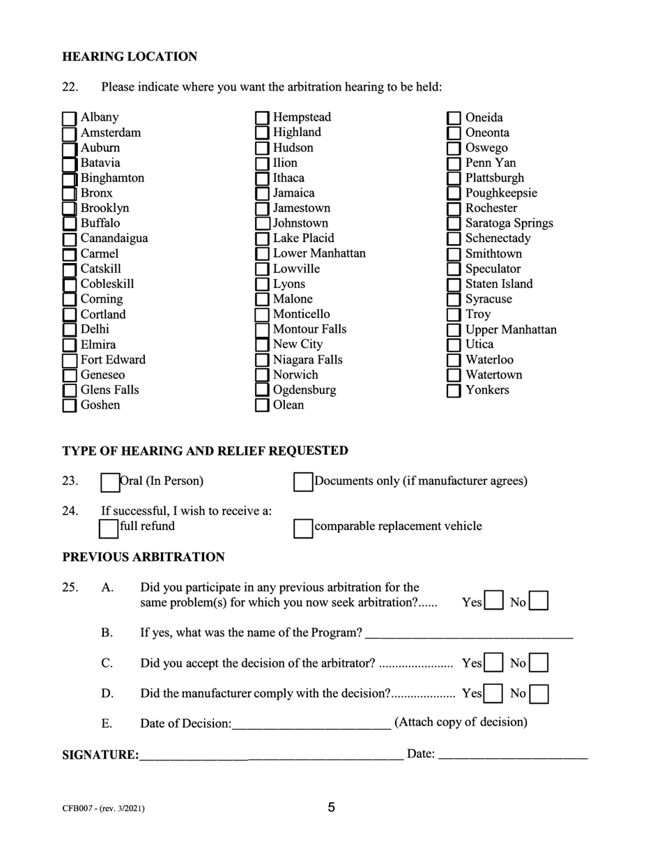 Form CFB007 New York New Car Lemon Law Arbitration Program Request for Arbitration Form - New York, Page 6