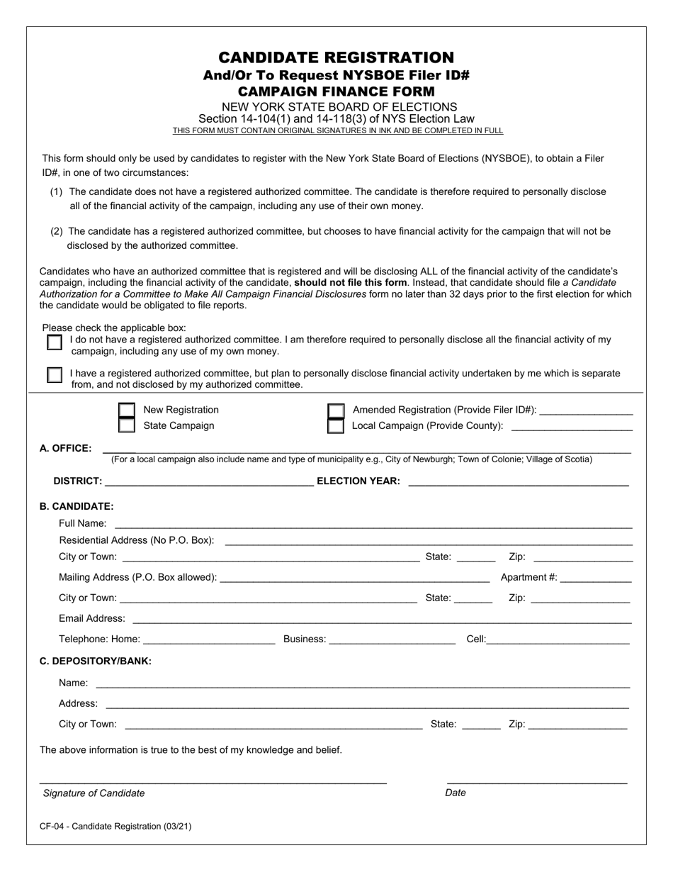Form CF-04 Candidate Registration and/or to Request Nysboe Filer Id# and Pin Campaign Finance Form - New York, Page 1