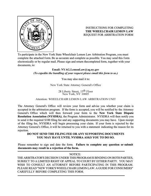 Form CFB009 New York Wheelchair Lemon Law Arbitration Program Request for Arbitration Form - New York