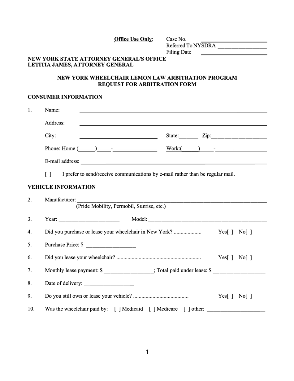 Form CFB009 New York Wheelchair Lemon Law Arbitration Program Request for Arbitration Form - New York, Page 2