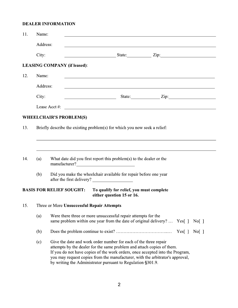 Form CFB009 New York Wheelchair Lemon Law Arbitration Program Request for Arbitration Form - New York, Page 3
