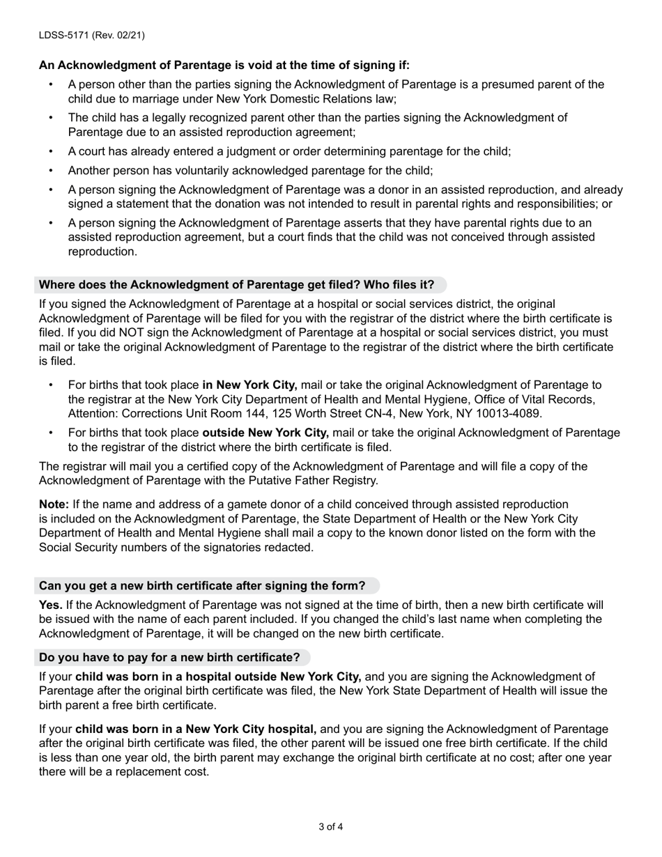Form LDSS-5171 Acknowledgment of Parentage - New York, Page 3